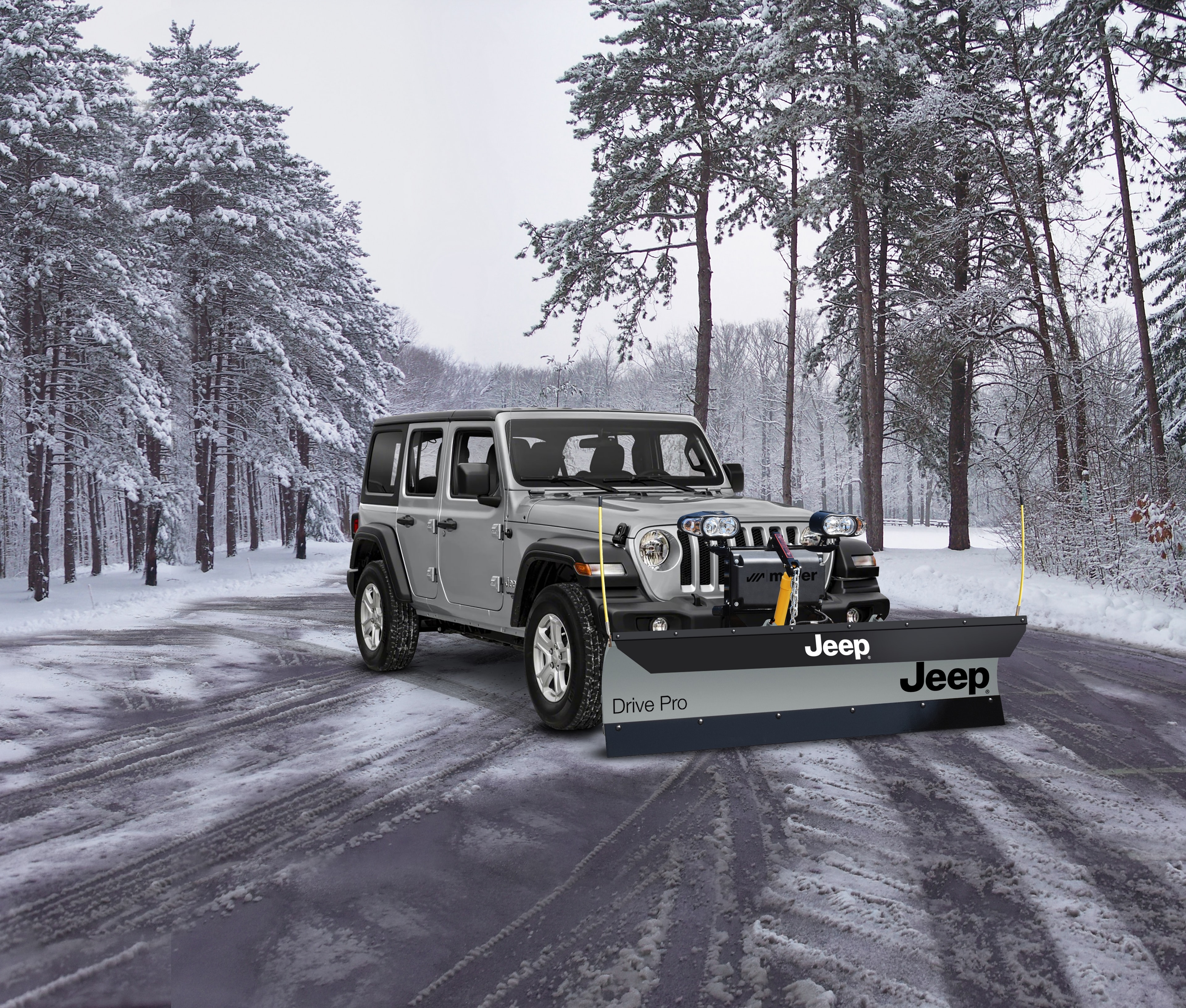 Jeep Wrangler with Meyer Drive Pro snow plow on winter road